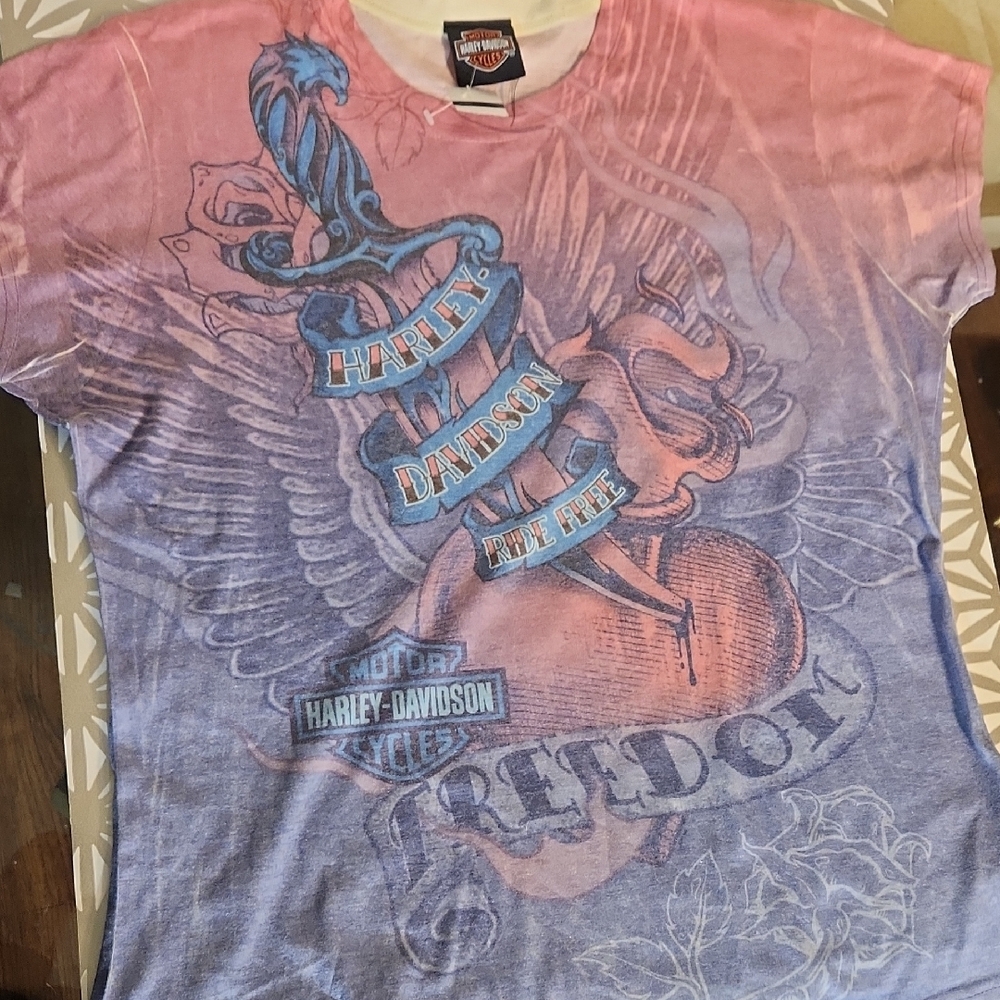 Harley-Davidson Pink and Blue Tattoo-Style Short Sleeve Tee